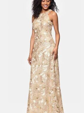 NEW Betsy & Adam Embroidered Soutache Lace Halter Gown, Champagne, 12